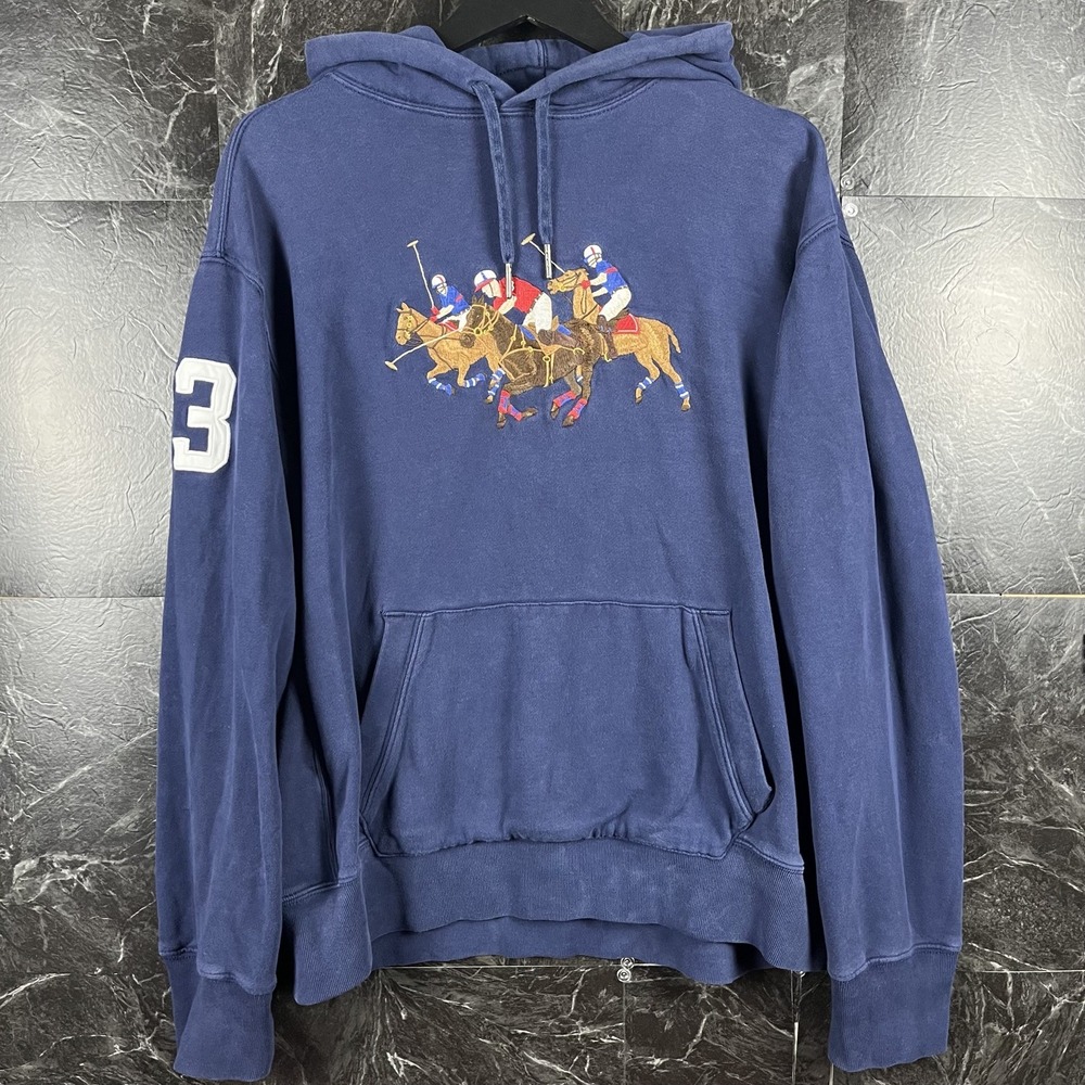 Polo Ralph Lauren Men's Blue Vtg Triple Pony Keef Hoodie Large -Flaws